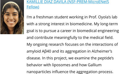KAMILLIE DIAZ DAVILA (NSF-PREM-MicroENetS Fellow) I'm a freshman student working in Prof. Oyola’s lab with a strong interest in biomedicine. My long-term goal is to pursue a career in biomedical engineering and contribute meaningfully to the medical field.  My ongoing research focuses on the interactions of amyloid Aβ40 and its aggregation in Alzheimer’s disease. In this project, we examine the peptide’s behavior with liposomes and how Gallium nanoparticles influence the aggregation process.