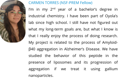 CARMEN TORRES (NSF-PREM Fellow) I’m in my 2nd year of a bachelor’s degree in industrial chemistry. I have been part of Oyola’s lab since high school. I still have not figured out what my long-term goals are, but what I know is that I really enjoy the process of doing research. My project is related to the process of Amyloid-β40 aggregation in Alzheimer’s Disease. We have studied the behavior of this peptide in the presence of liposomes and its progression of aggregation if we treat it using gallium nanoparticles.